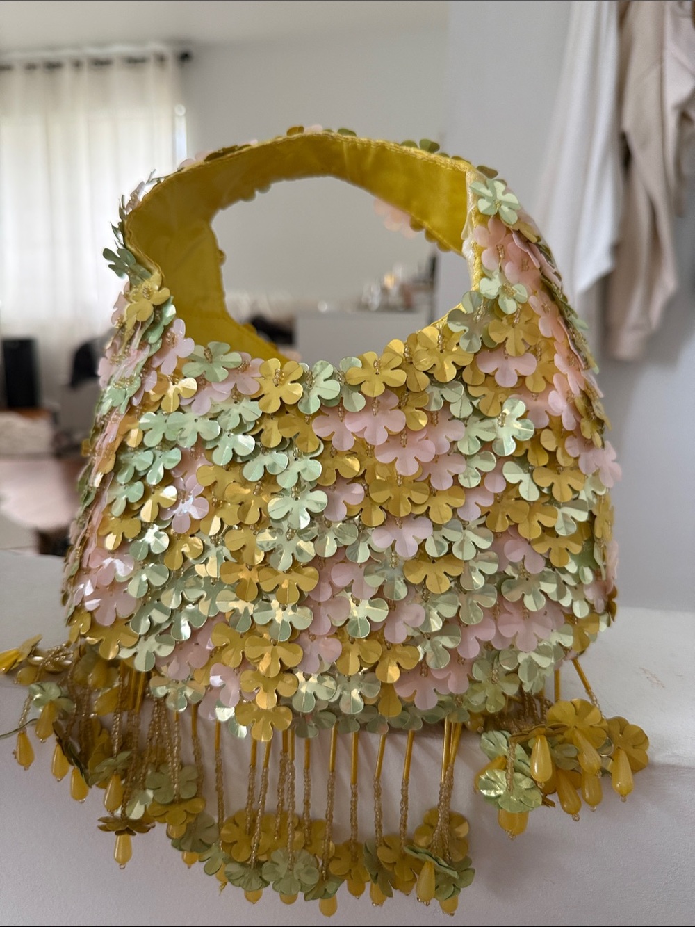 Mini Sequined Floral Fringe Handbag in Yellow, Pale Pink & Mint